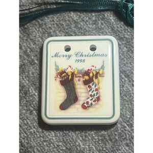 Longaberger Pottery Ornament 1998 White Stocking Tie-On Vintage Holiday Decor‎